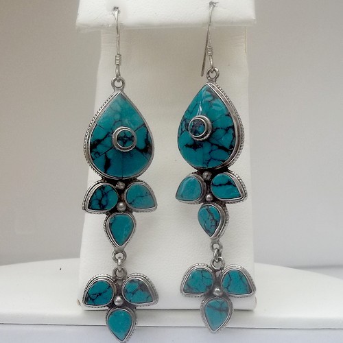 Exquisite traditional Indian Turquoise 'Petals Dangly' Earrings