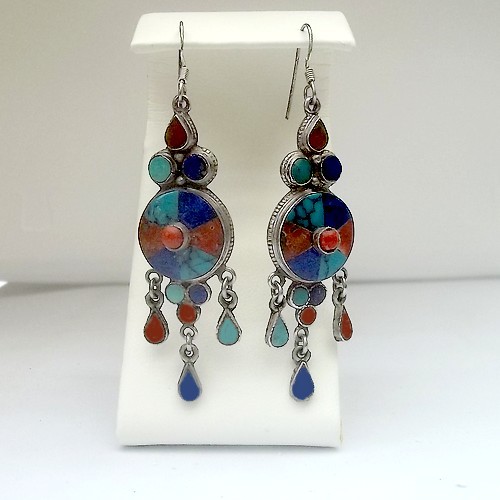 Indian Round Lapis, Turquoise, Coral Danglies