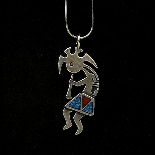 Large Kokopelli Pendant with turquoise & coral