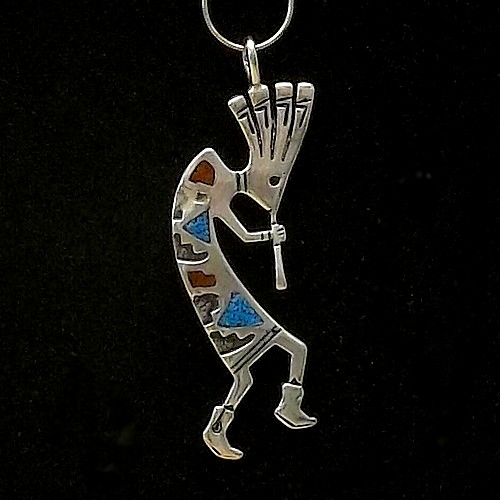 Large Kokopelli Pendant with Turquoise & Red Coral