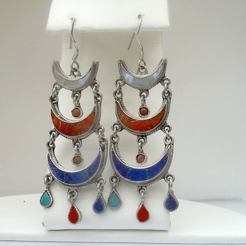 Traditional Half Crescent Lapis, Shell, Coral Danglies