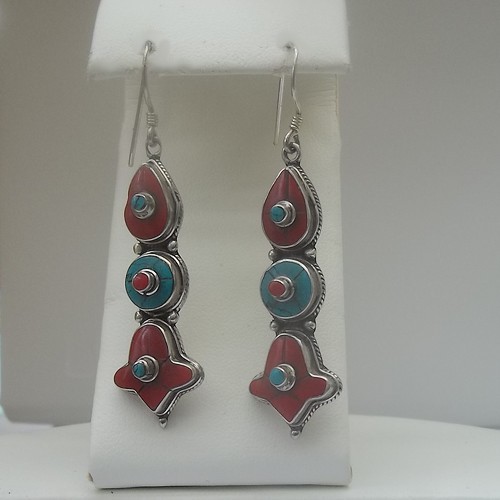 Traditional Indian 3 Stone Earrings with Coral & Turquoise