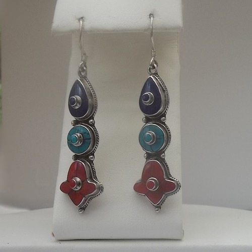 Traditional Indian 3 Stone Earrings with Lapis,Turquoise & Coral