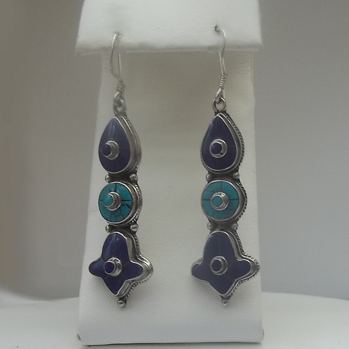 Traditional Indian 3 Stone Earrings with Lapis & Turquoise