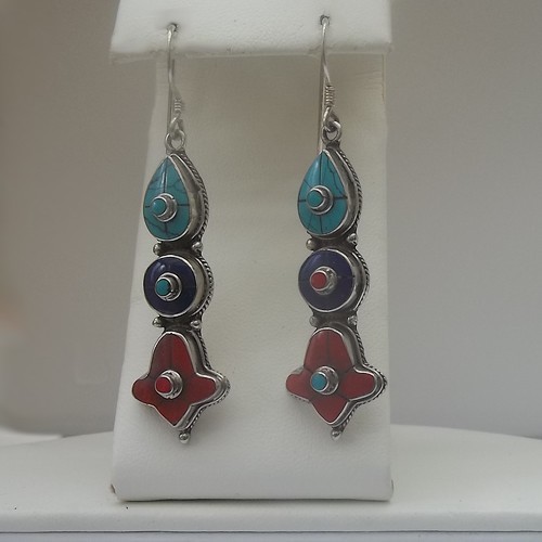 Traditional Indian 3 Stone Earrings with Turquoise,Lapis & Coral