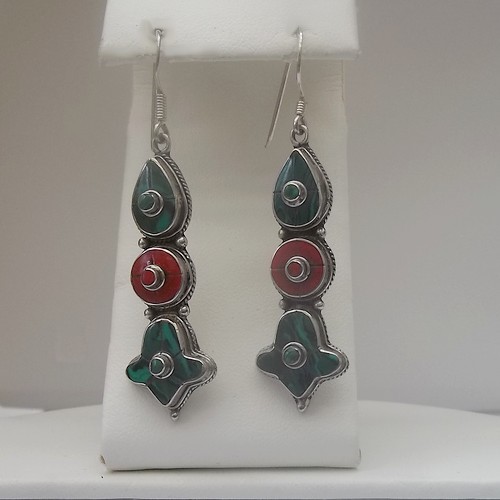 Traditional Indian 3 Stone Earrings with Malachite & Coral